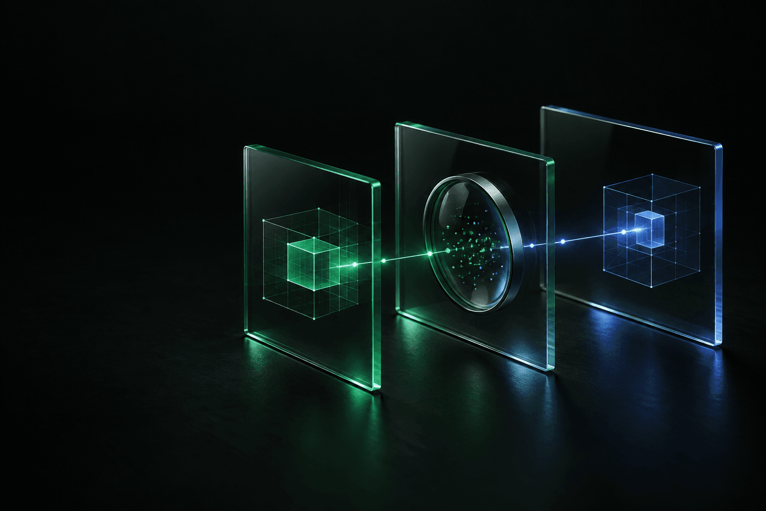 Conceptual glass frames defining a testing boundary, lit in green and blue